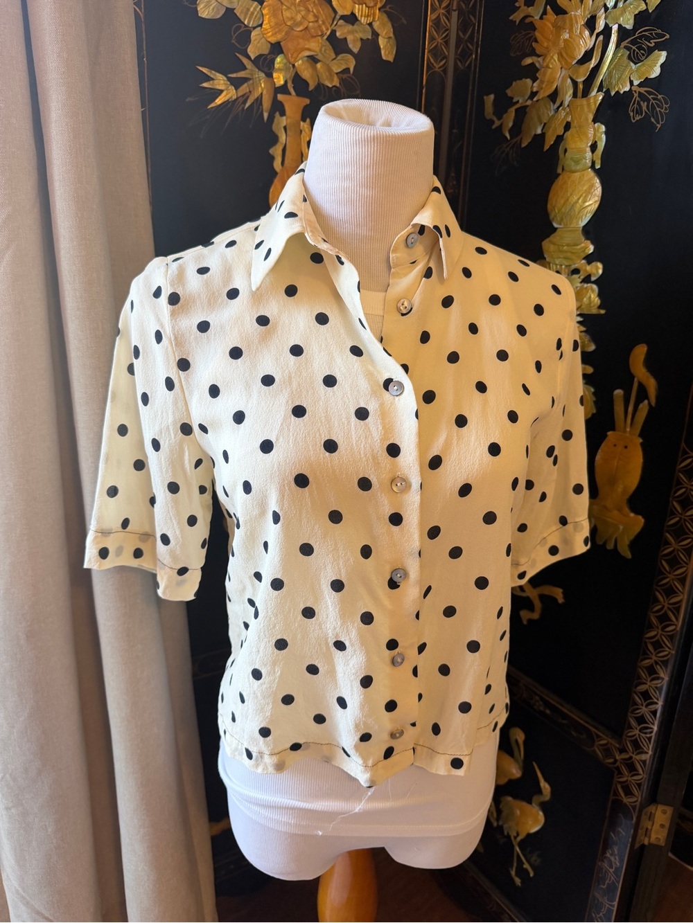 Valerie Stevens White silk Blouse with Black Polka Dots